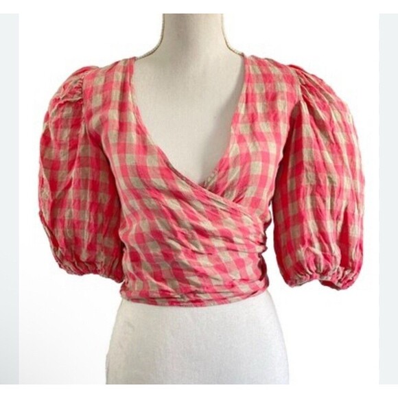 VICI Tops - Vici 100% Linen Gingham Cropped Wrap Top Size S Pink Western Beach Cottagecore